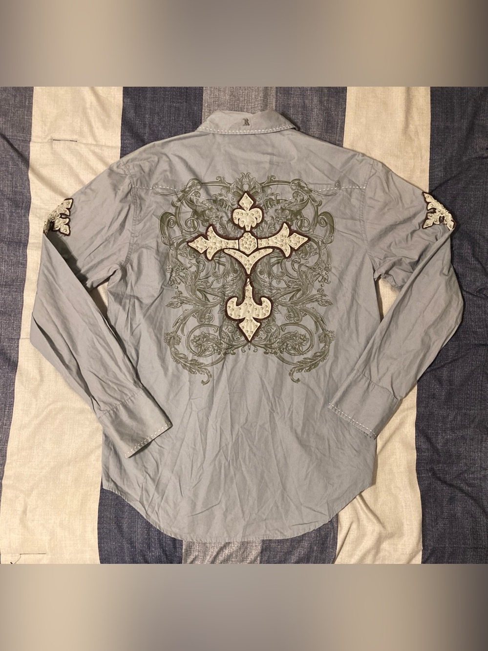 Rock & Roll Cowboy Mens Panhandle Slim L/S Button Up Shirt Sz L Gray Cross Pearl